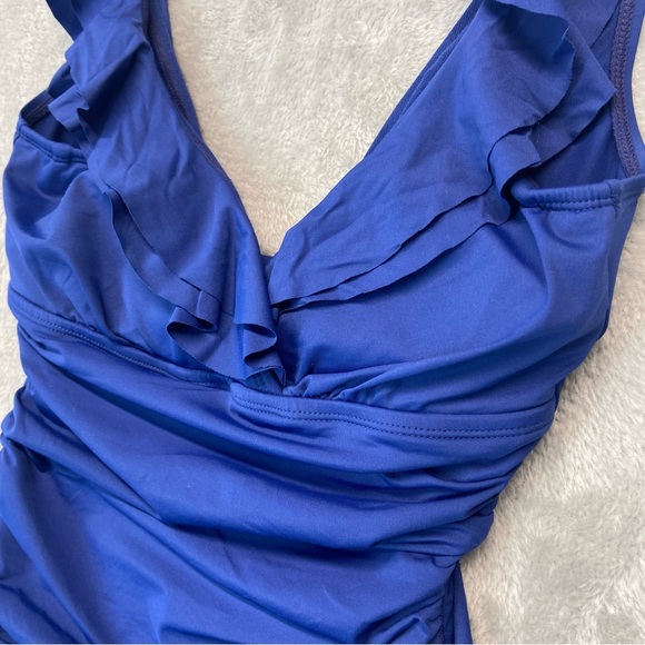 Lauren Ralph Lauren One Piece Swimsuit Ruffle Neck Blue Underwire Sz 6 - Picture 3 of 7